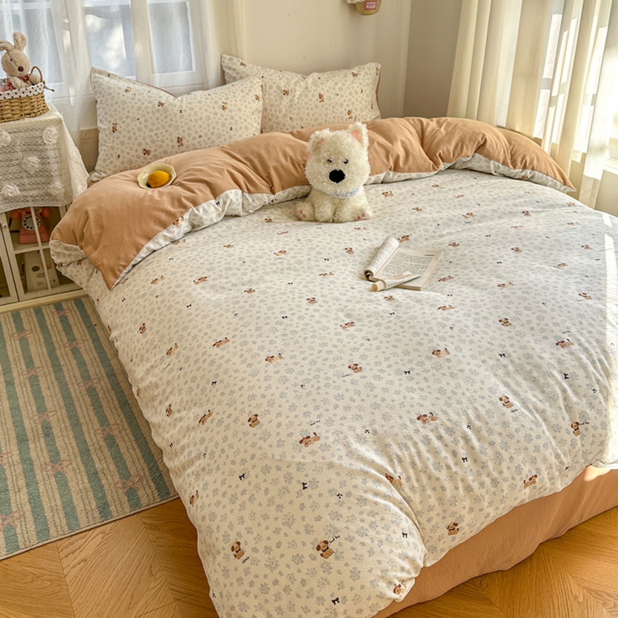 91家纺网 家纺一手货源 找家纺 宏源家纺 2026新款云感提花双层纱四件套 碎花狗