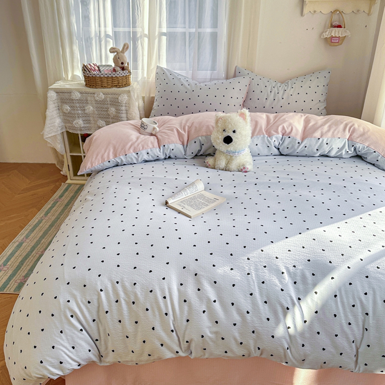 91家纺网 家纺一手货源 找家纺 宏源家纺 2026新款云感提花双层纱四件套 蓝心