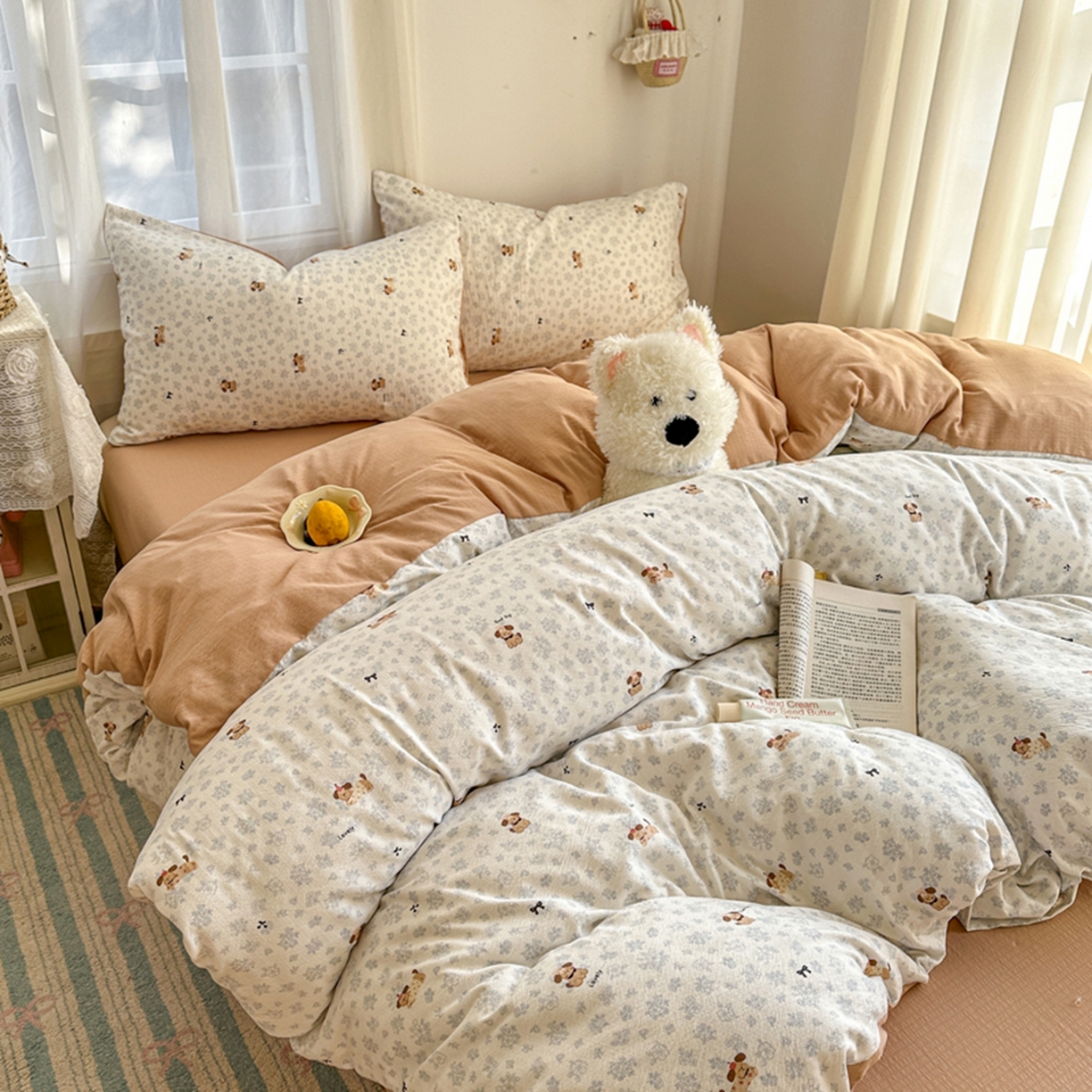 91家纺网 家纺一手货源 找家纺 宏源家纺 2026新款云感提花双层纱四件套 碎花狗