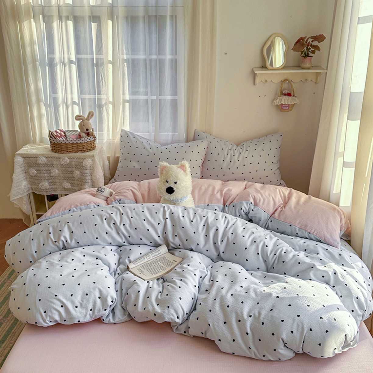 91家纺网 家纺一手货源 找家纺 宏源家纺 2026新款云感提花双层纱四件套 蓝心