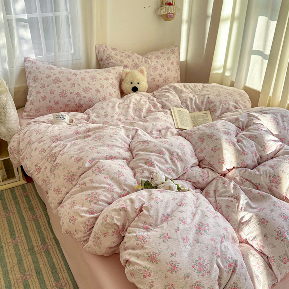 91家纺网 家纺一手货源 找家纺 宏源家纺 2026新款云感提花双层纱四件套 春天里