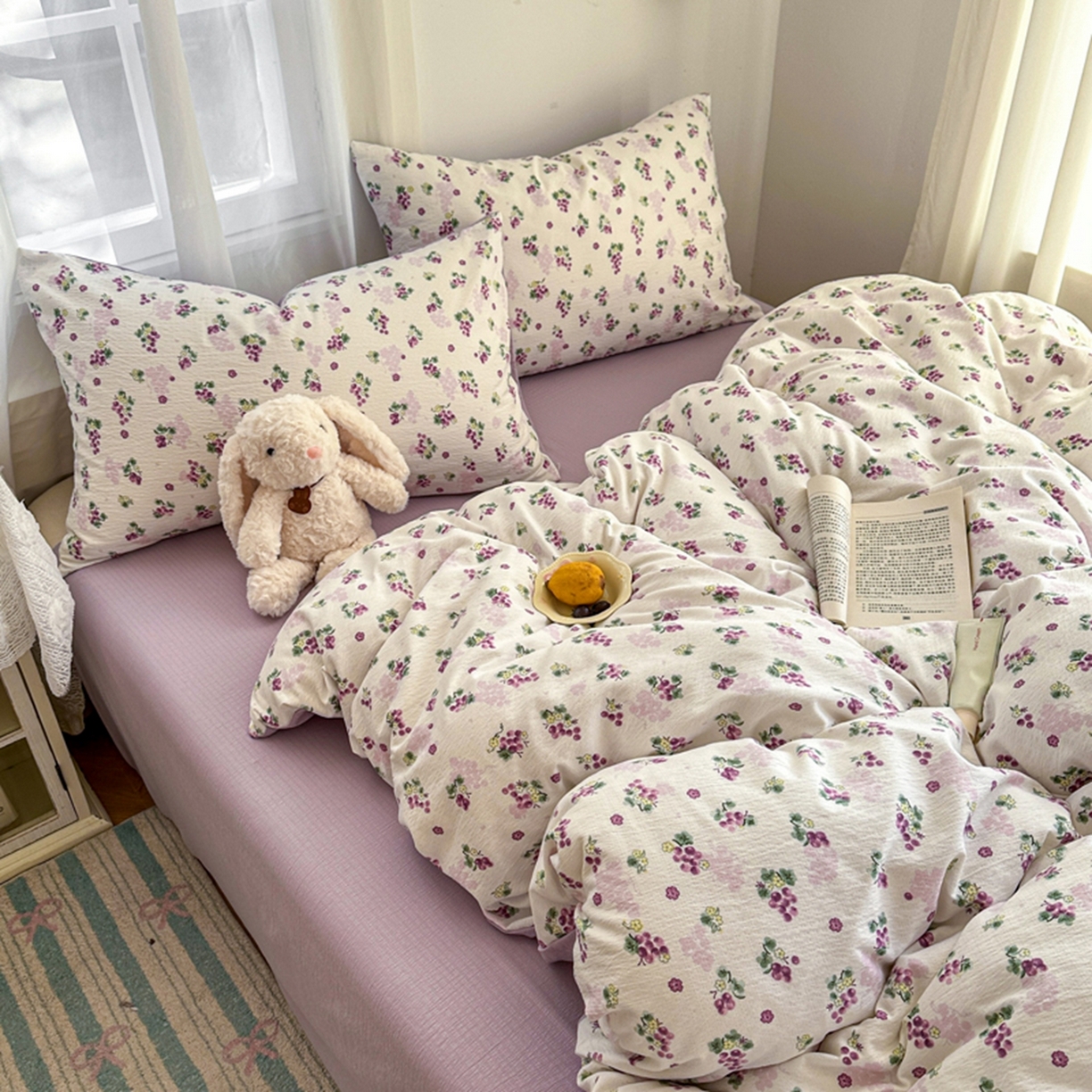 91家纺网 家纺一手货源 找家纺 宏源家纺 2026新款云感提花双层纱四件套 紫葡萄