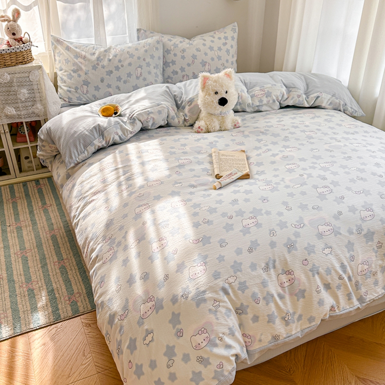 91家纺网 家纺一手货源 找家纺 宏源家纺 2026新款云感提花双层纱四件套 蓝色奶猫