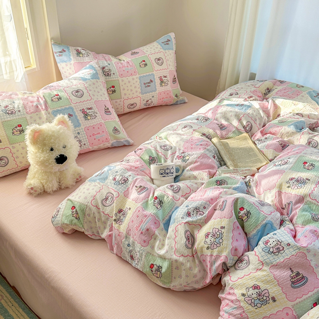 91家纺网 家纺一手货源 找家纺 宏源家纺 2026新款云感提花双层纱四件套 甜心方格