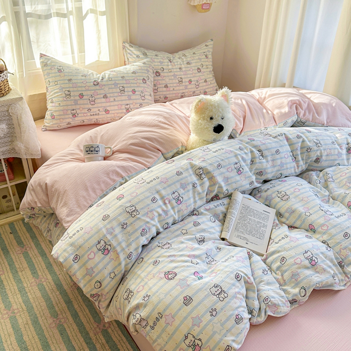 91家纺网 家纺一手货源 找家纺 宏源家纺 2026新款云感提花双层纱四件套 星星猫