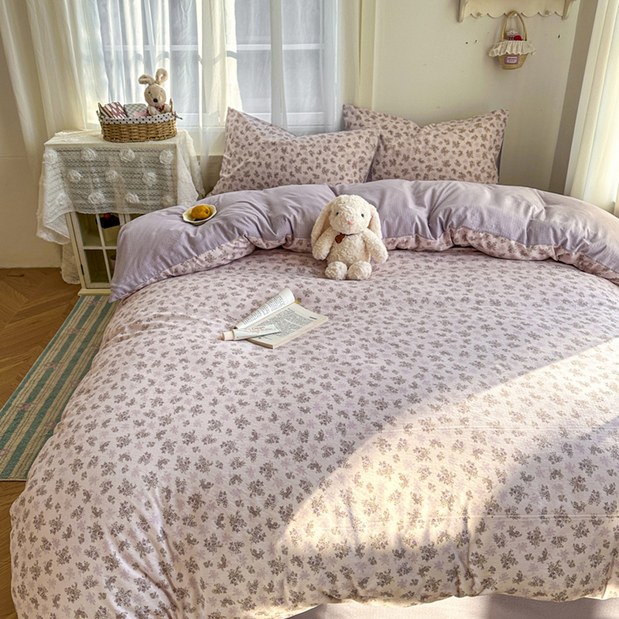 91家纺网 家纺一手货源 找家纺 宏源家纺 2026新款云感提花双层纱四件套 花语