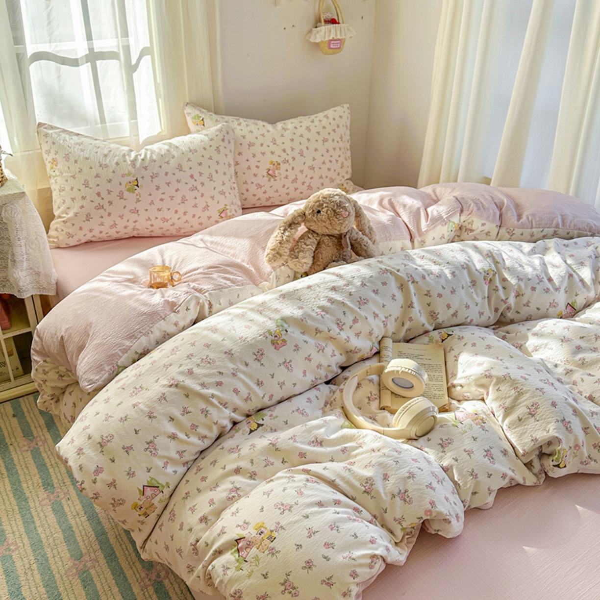 91家纺网 家纺一手货源 找家纺 宏源家纺 2026新款云感提花双层纱四件套 小星仔