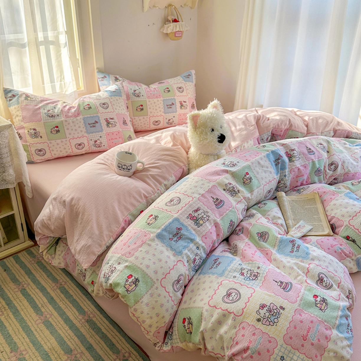 91家纺网 家纺一手货源 找家纺 宏源家纺 2026新款云感提花双层纱四件套 甜心方格