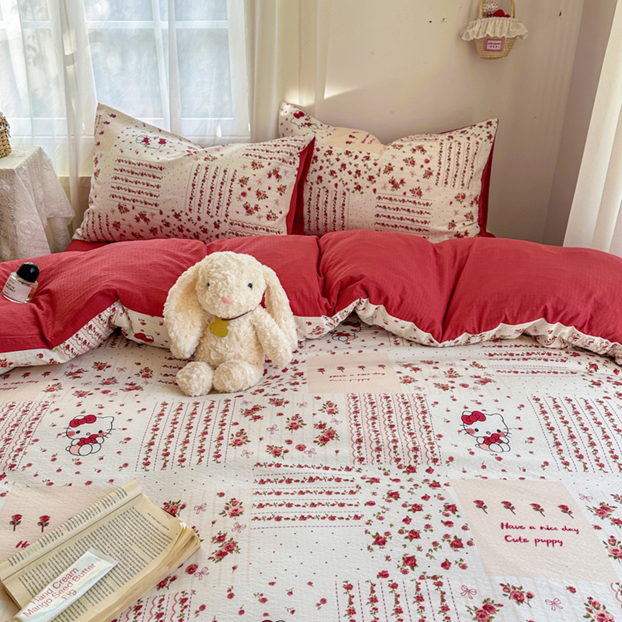 91家纺网 家纺一手货源 找家纺 宏源家纺 2026新款云感提花双层纱四件套 幸福猫咪