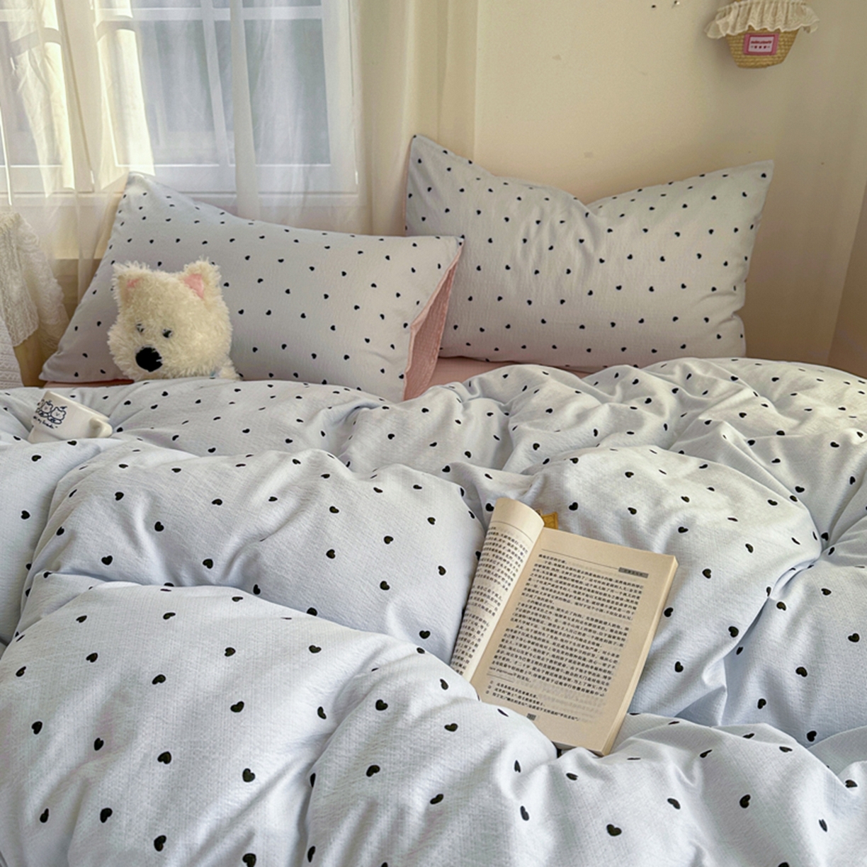 91家纺网 家纺一手货源 找家纺 宏源家纺 2026新款云感提花双层纱四件套 蓝心