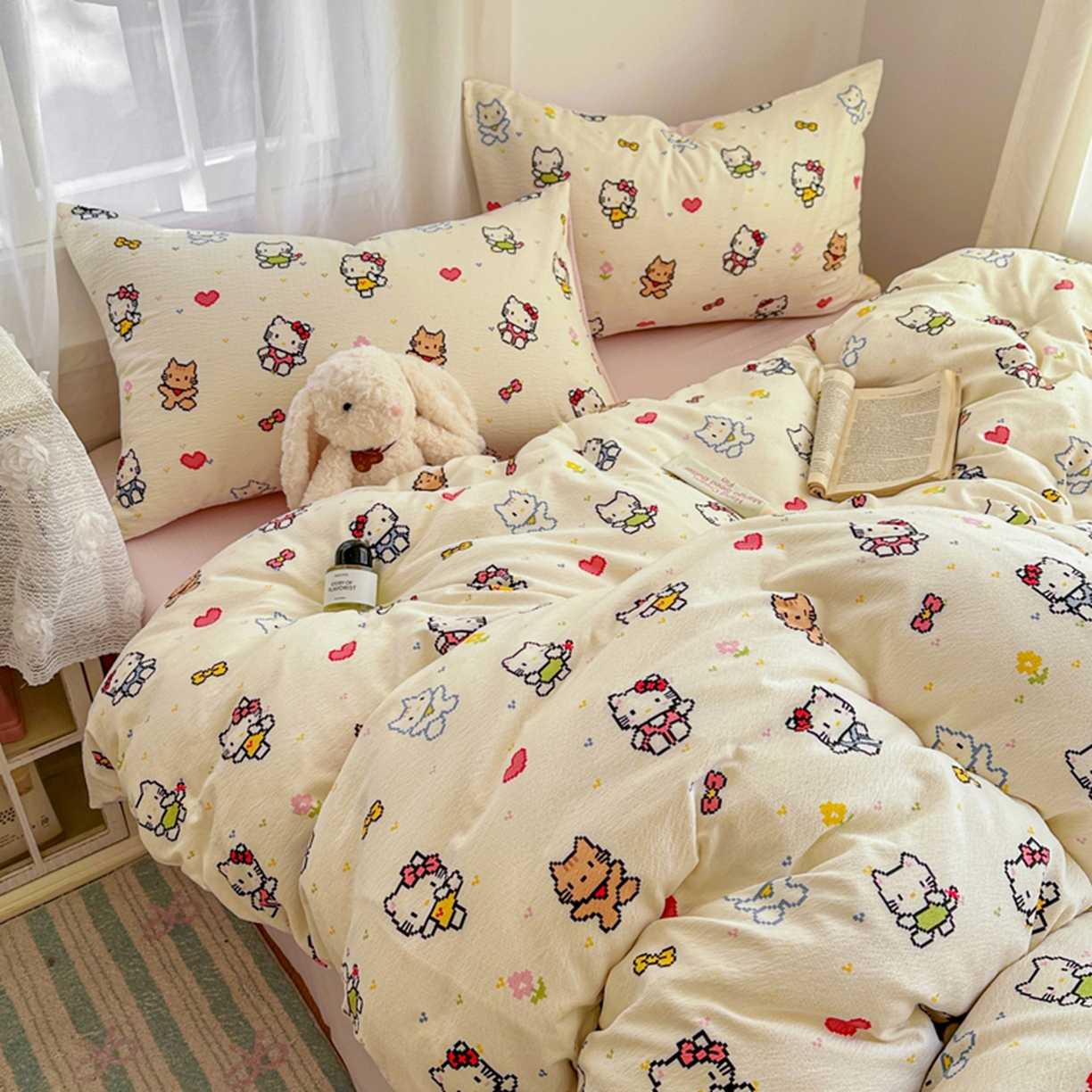 91家纺网 家纺一手货源 找家纺 宏源家纺 2026新款云感提花双层纱四件套 彩色小猫