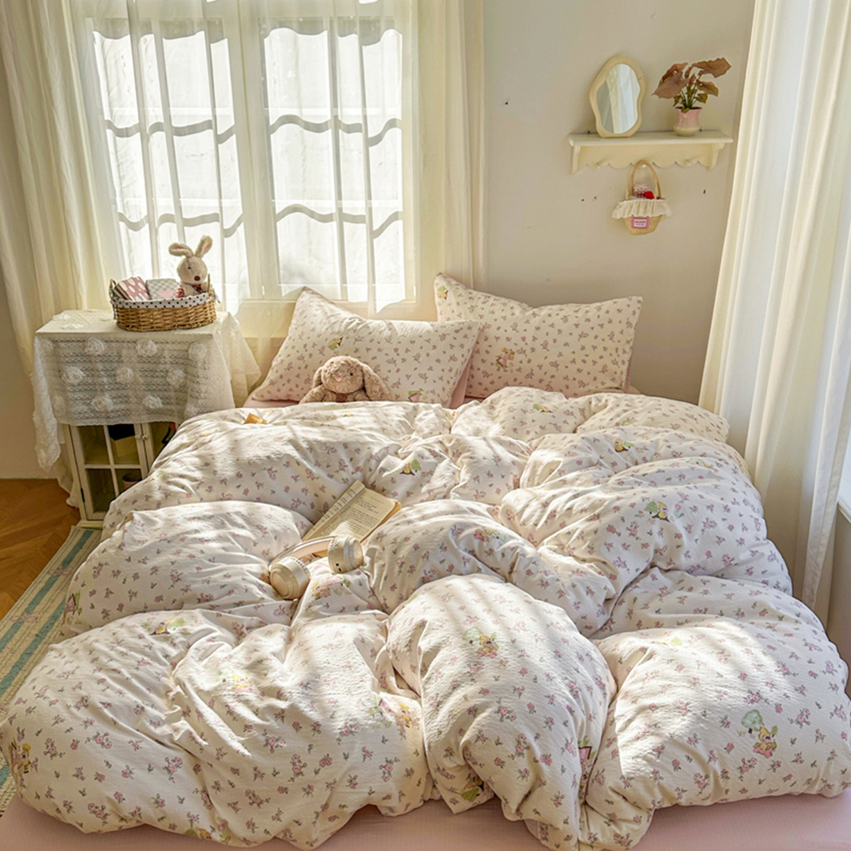 91家纺网 家纺一手货源 找家纺 宏源家纺 2026新款云感提花双层纱四件套 小星仔