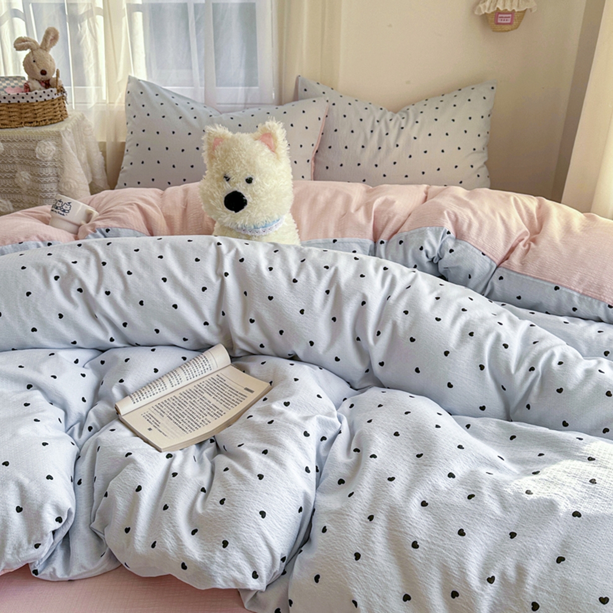 91家纺网 家纺一手货源 找家纺 宏源家纺 2026新款云感提花双层纱四件套 蓝心