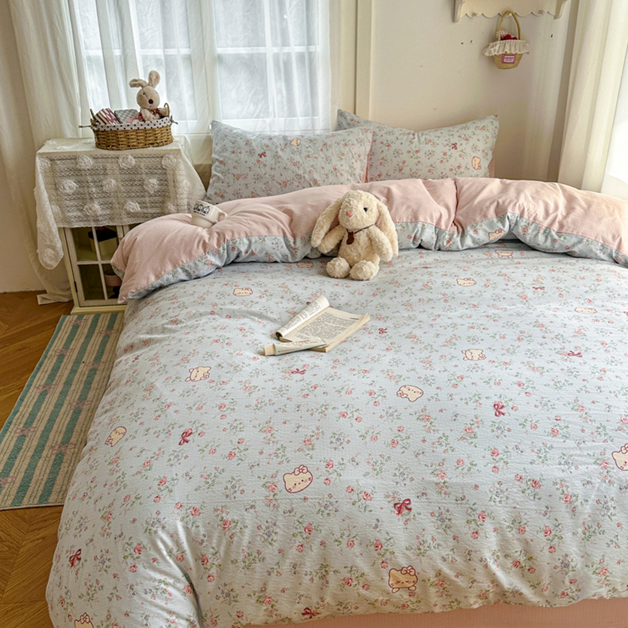 91家纺网 家纺一手货源 找家纺 宏源家纺 2026新款云感提花双层纱四件套 小花猫