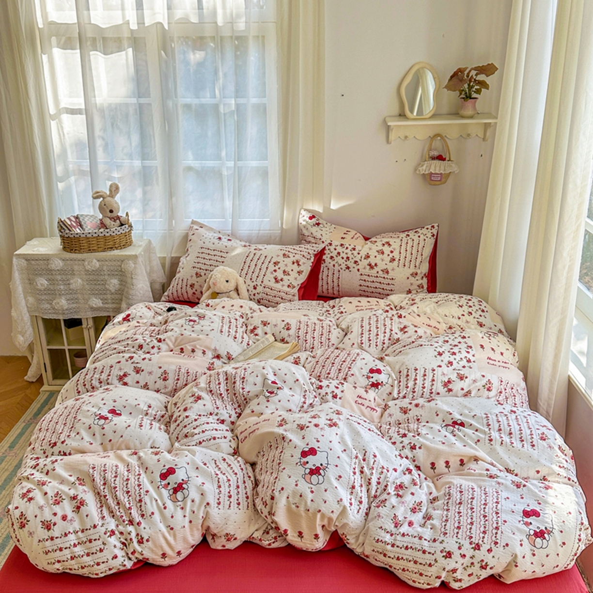 91家纺网 家纺一手货源 找家纺 宏源家纺 2026新款云感提花双层纱四件套 幸福猫咪