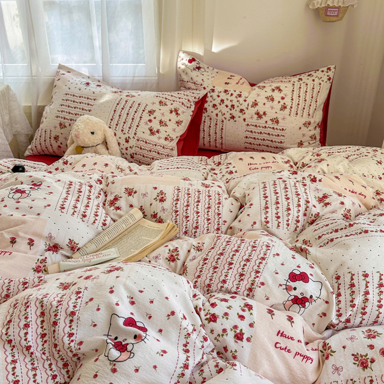 91家纺网 家纺一手货源 找家纺 宏源家纺 2026新款云感提花双层纱四件套 幸福猫咪