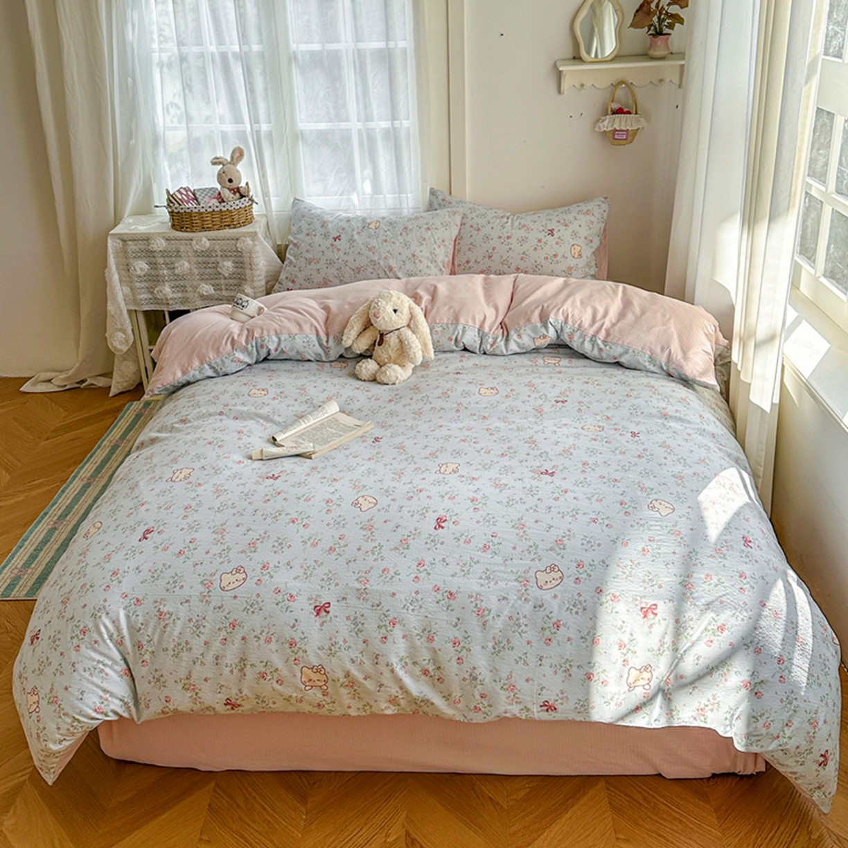 91家纺网 家纺一手货源 找家纺 宏源家纺 2026新款云感提花双层纱四件套 小花猫