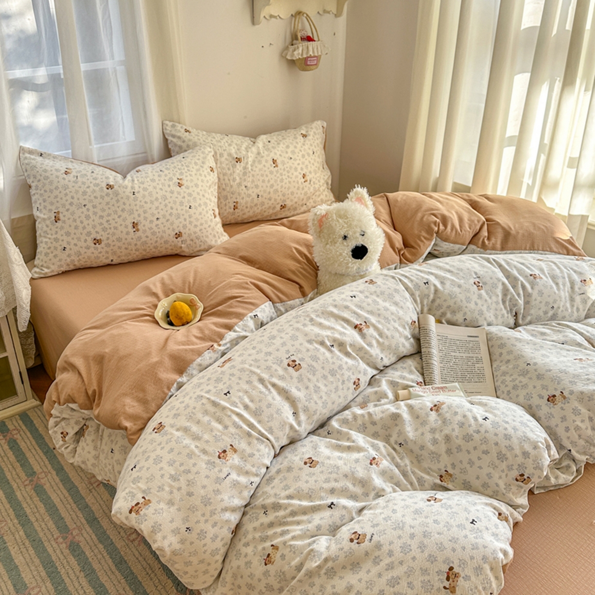 91家纺网 家纺一手货源 找家纺 宏源家纺 2026新款云感提花双层纱四件套 碎花狗