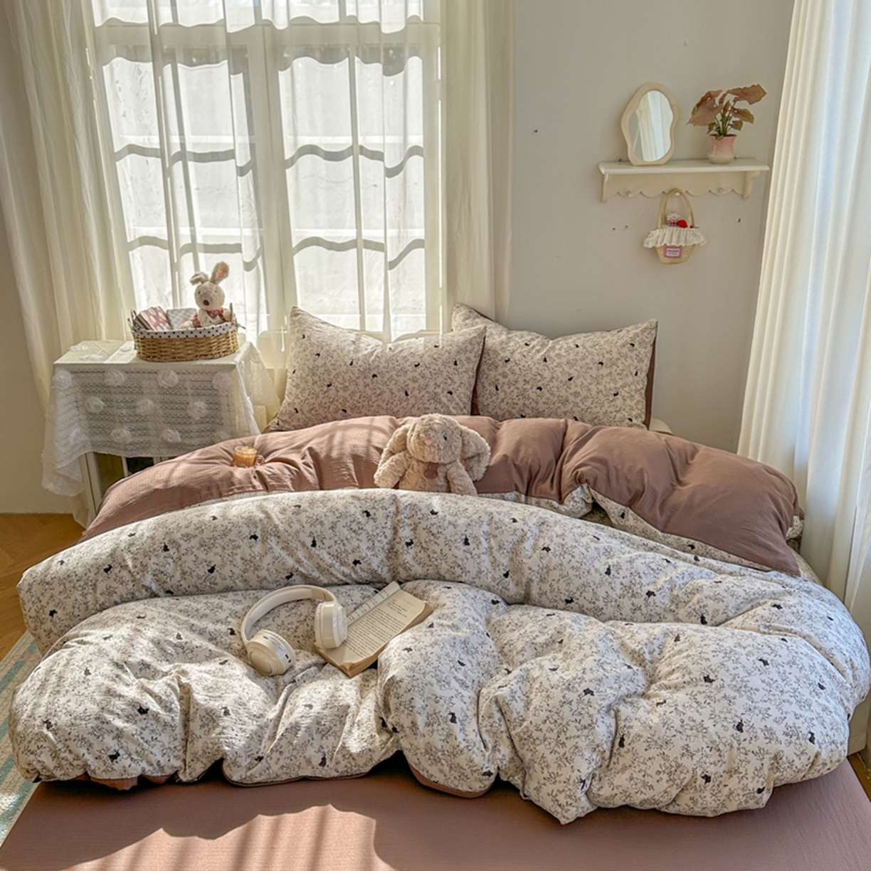 91家纺网 家纺一手货源 找家纺 宏源家纺 2026新款云感提花双层纱四件套 森林小兔