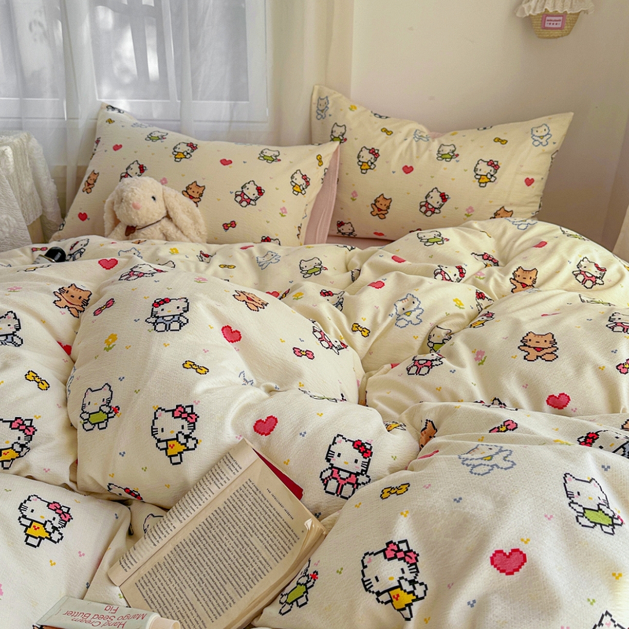 91家纺网 家纺一手货源 找家纺 宏源家纺 2026新款云感提花双层纱四件套 彩色小猫