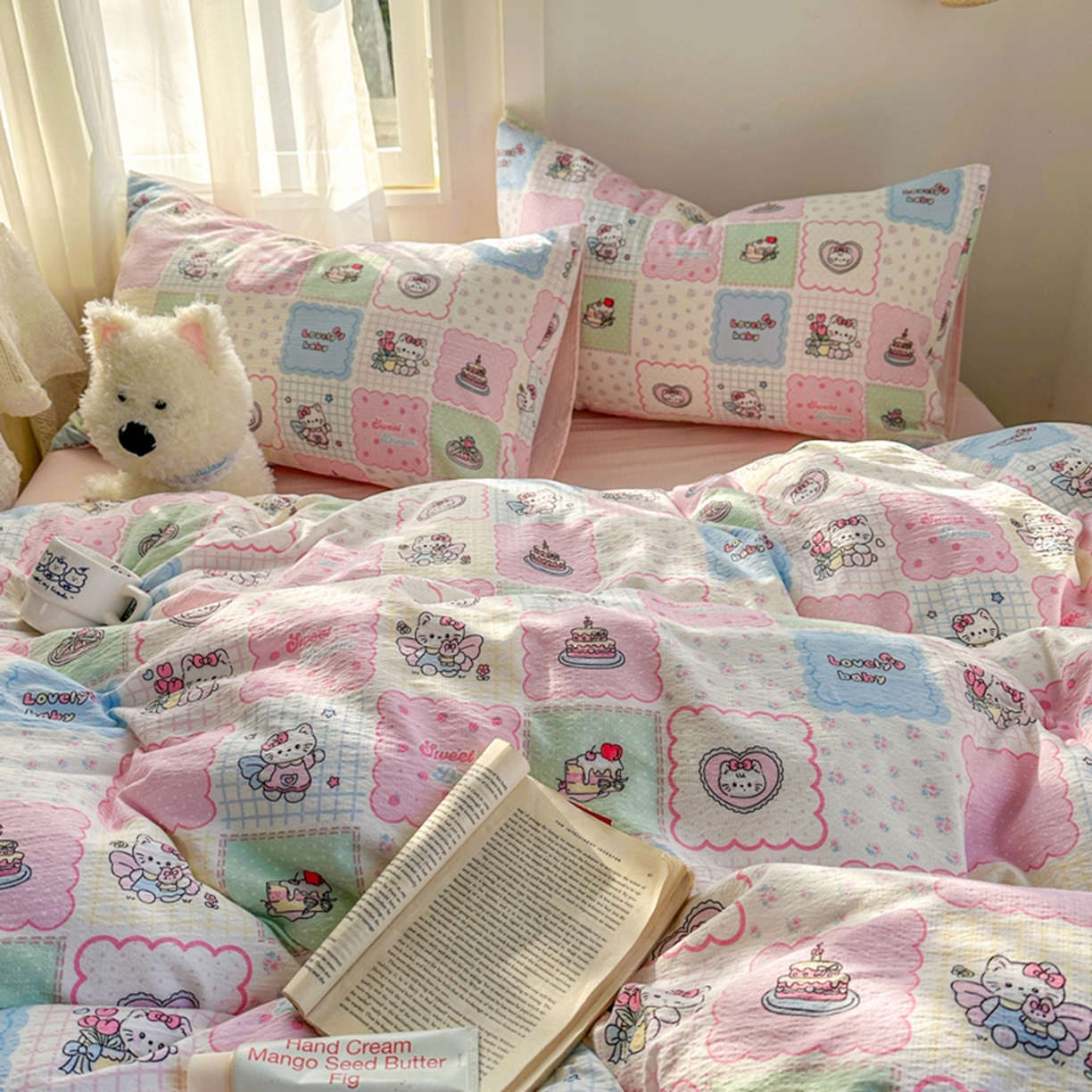 91家纺网 家纺一手货源 找家纺 宏源家纺 2026新款云感提花双层纱四件套 甜心方格