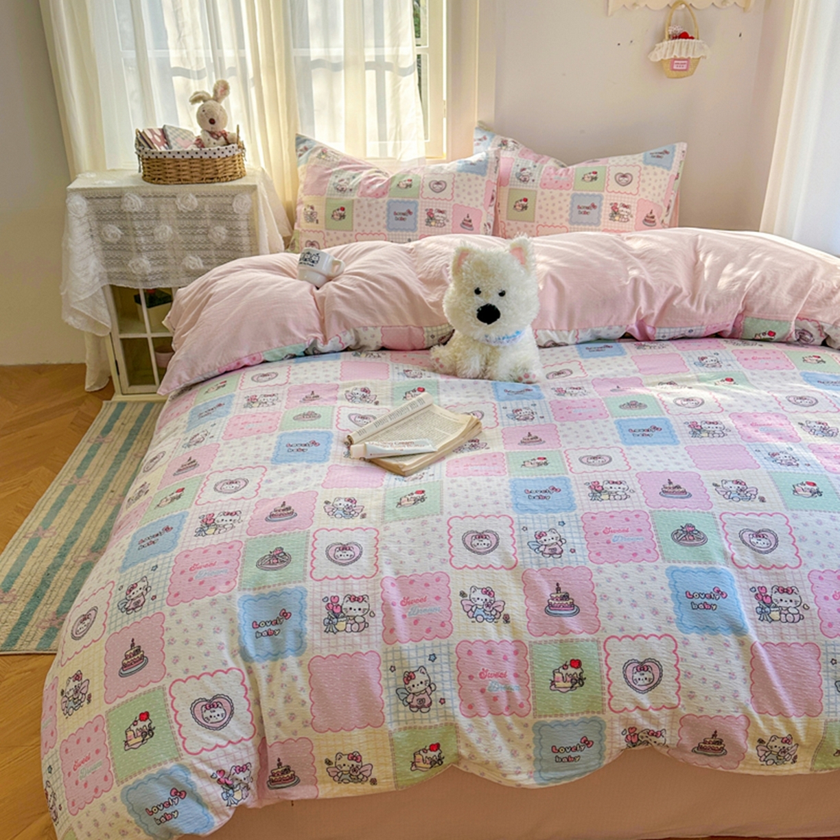 91家纺网 家纺一手货源 找家纺 宏源家纺 2026新款云感提花双层纱四件套 甜心方格