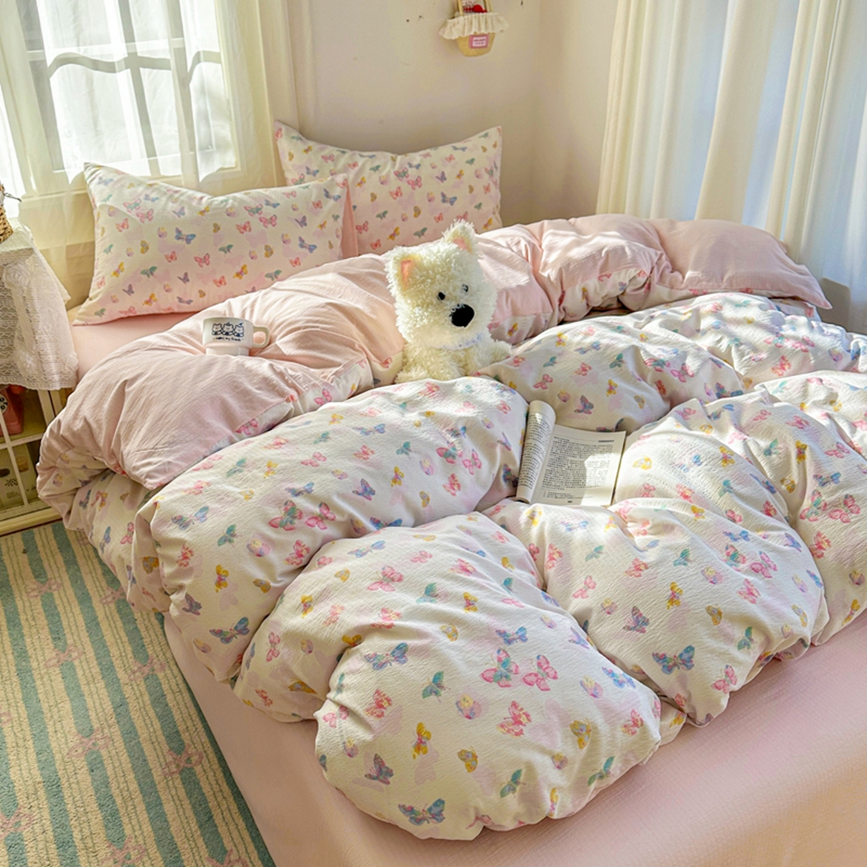 91家纺网 家纺一手货源 找家纺 宏源家纺 2026新款云感提花双层纱四件套 缤纷蝴蝶