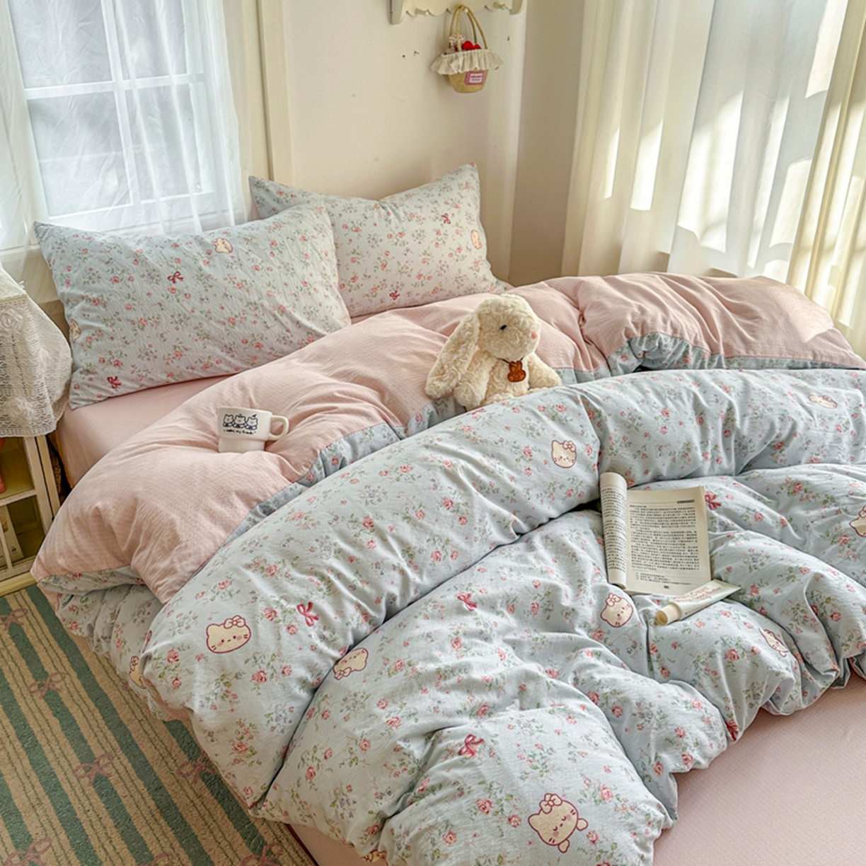 91家纺网 家纺一手货源 找家纺 宏源家纺 2026新款云感提花双层纱四件套 小花猫