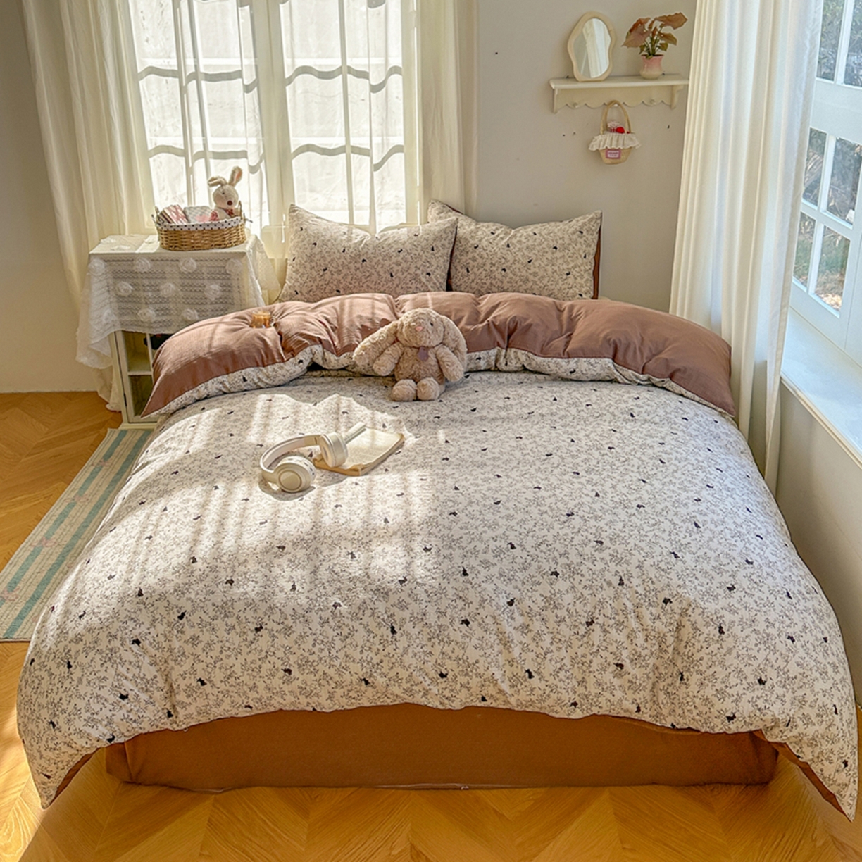 91家纺网 家纺一手货源 找家纺 宏源家纺 2026新款云感提花双层纱四件套 森林小兔