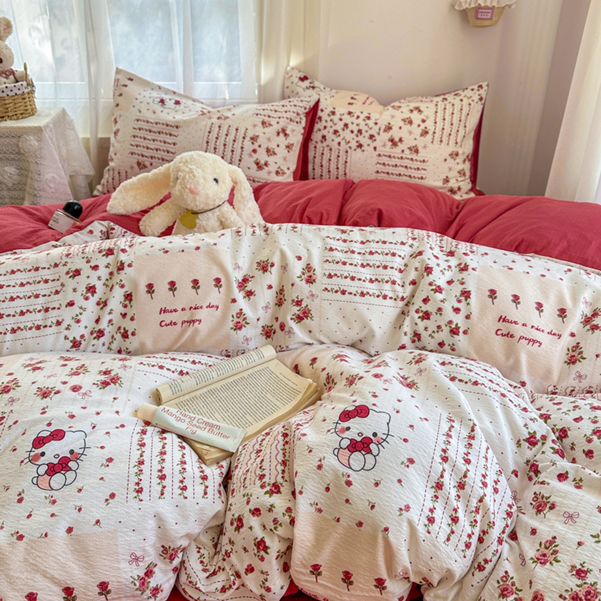 91家纺网 家纺一手货源 找家纺 宏源家纺 2026新款云感提花双层纱四件套 幸福猫咪