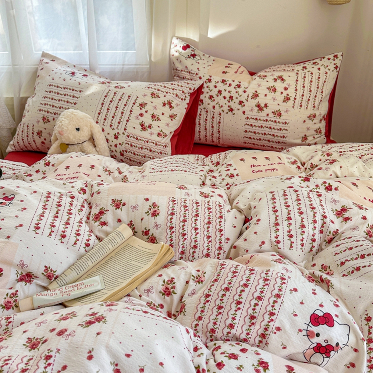 91家纺网 家纺一手货源 找家纺 宏源家纺 2026新款云感提花双层纱四件套 幸福猫咪