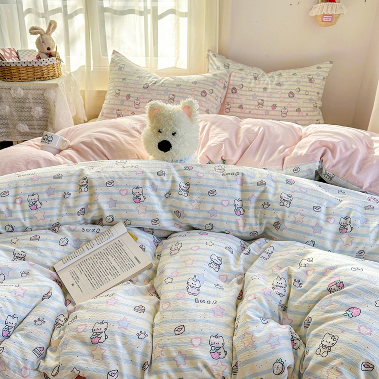 91家纺网 家纺一手货源 找家纺 宏源家纺 2026新款云感提花双层纱四件套 星星猫