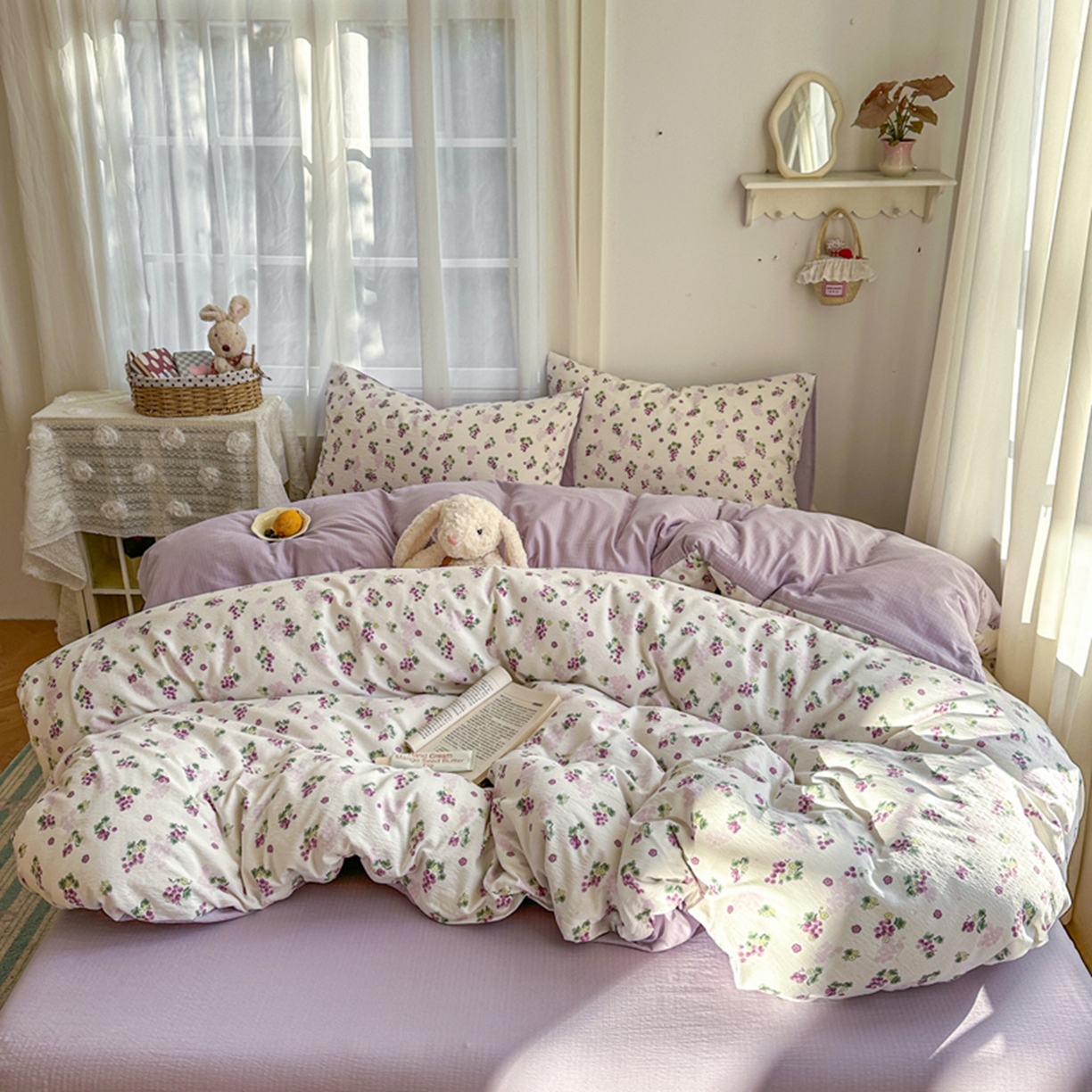 91家纺网 家纺一手货源 找家纺 宏源家纺 2026新款云感提花双层纱四件套 紫葡萄