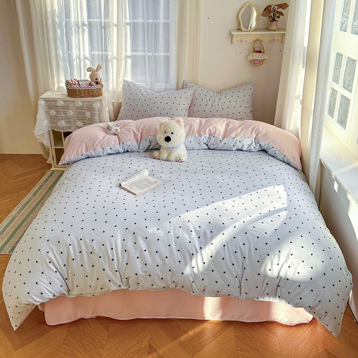 91家纺网 家纺一手货源 找家纺 宏源家纺 2026新款云感提花双层纱四件套 蓝心