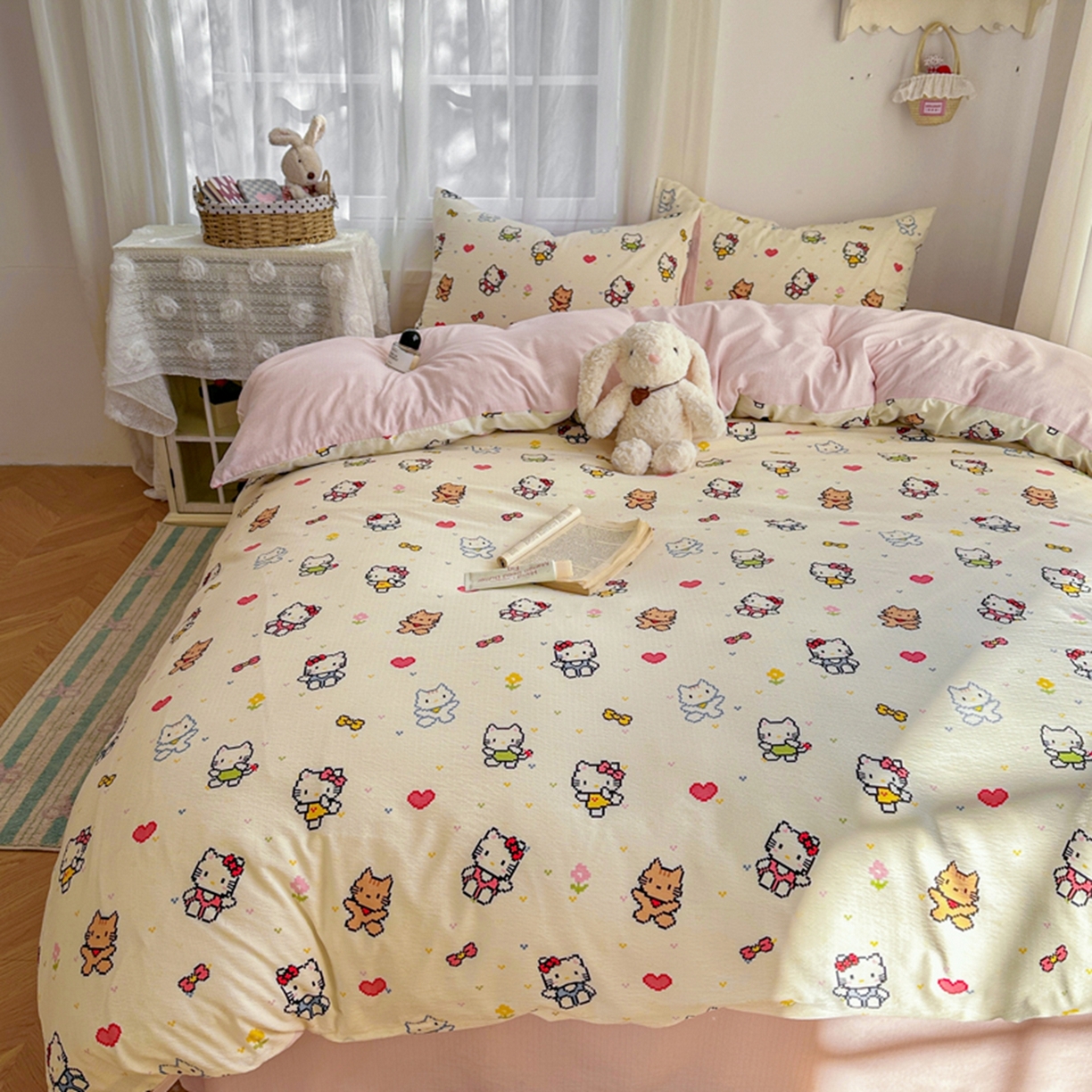 91家纺网 家纺一手货源 找家纺 宏源家纺 2026新款云感提花双层纱四件套 彩色小猫