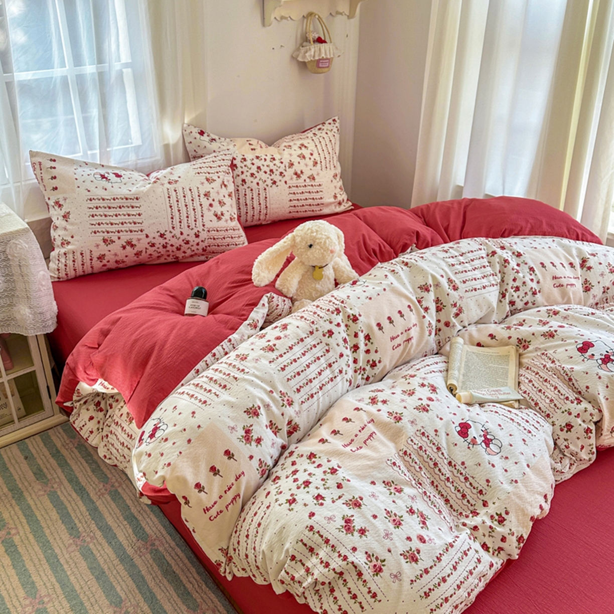 91家纺网 家纺一手货源 找家纺 宏源家纺 2026新款云感提花双层纱四件套 幸福猫咪