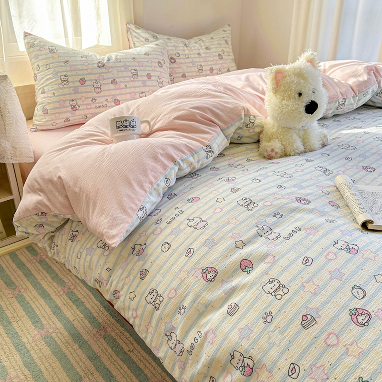 91家纺网 家纺一手货源 找家纺 宏源家纺 2026新款云感提花双层纱四件套 星星猫