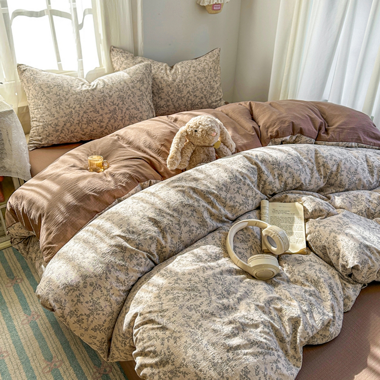 91家纺网 家纺一手货源 找家纺 宏源家纺 2026新款云感提花双层纱四件套 蔷薇