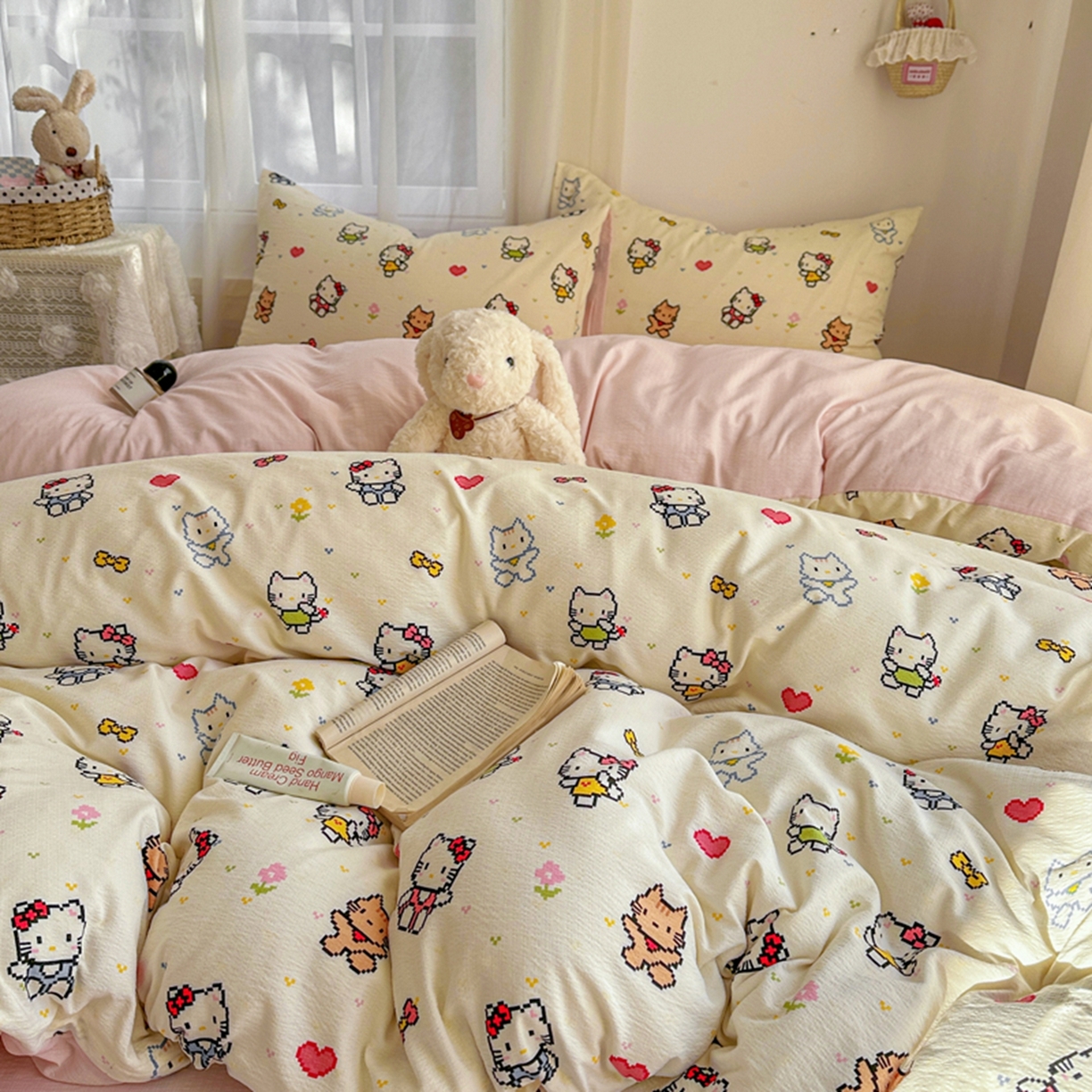 91家纺网 家纺一手货源 找家纺 宏源家纺 2026新款云感提花双层纱四件套 彩色小猫