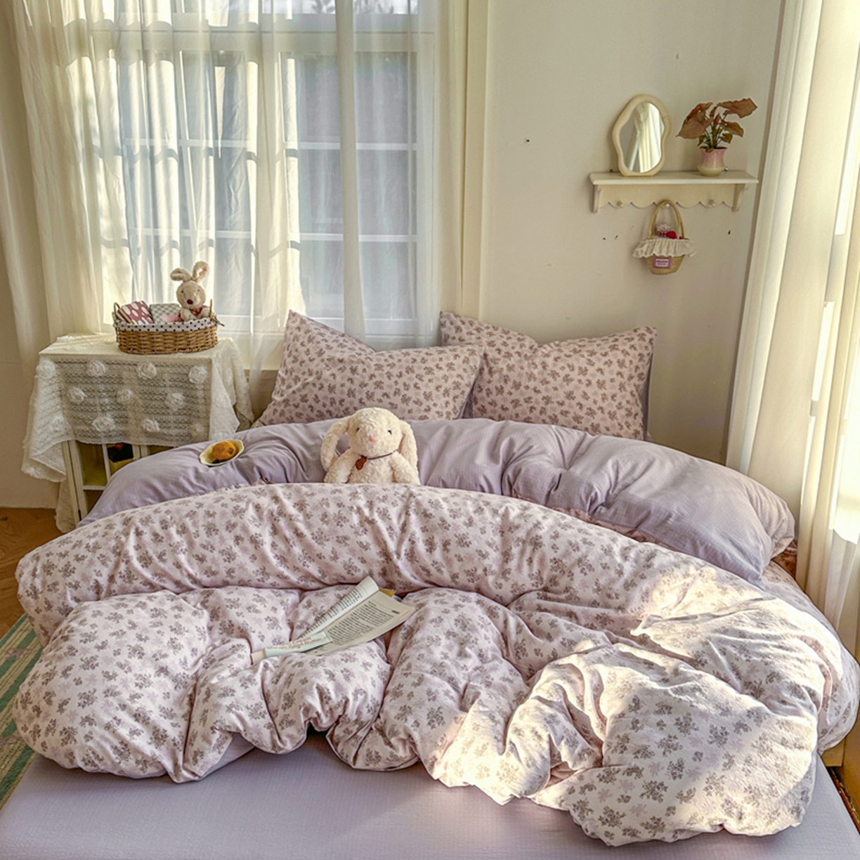 91家纺网 家纺一手货源 找家纺 宏源家纺 2026新款云感提花双层纱四件套 花语