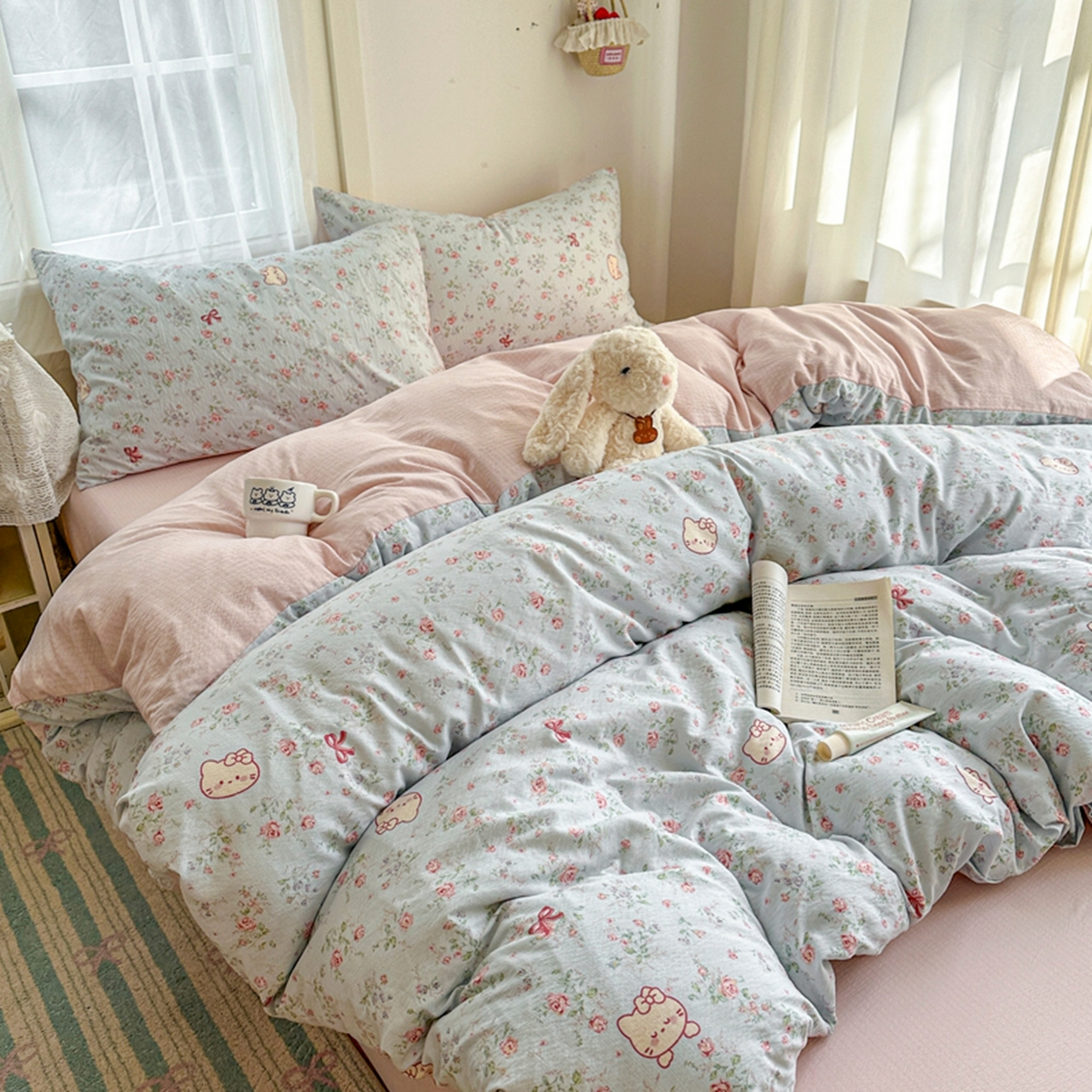 91家纺网 家纺一手货源 找家纺 宏源家纺 2026新款云感提花双层纱四件套 小花猫