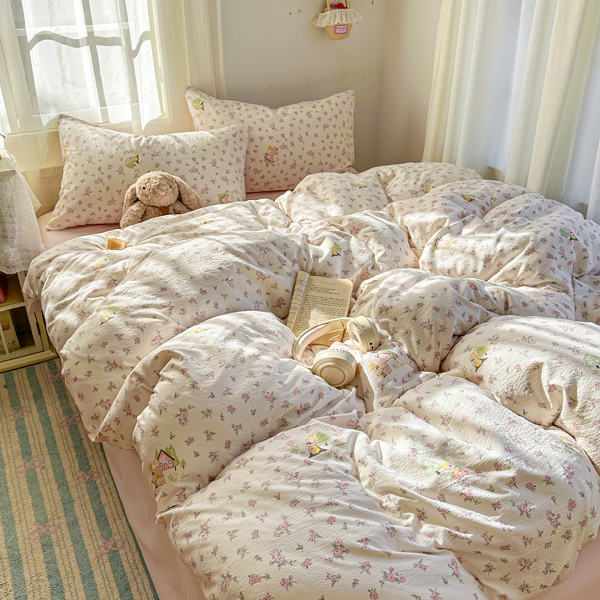 91家纺网 家纺一手货源 找家纺 宏源家纺 2026新款云感提花双层纱四件套 小星仔