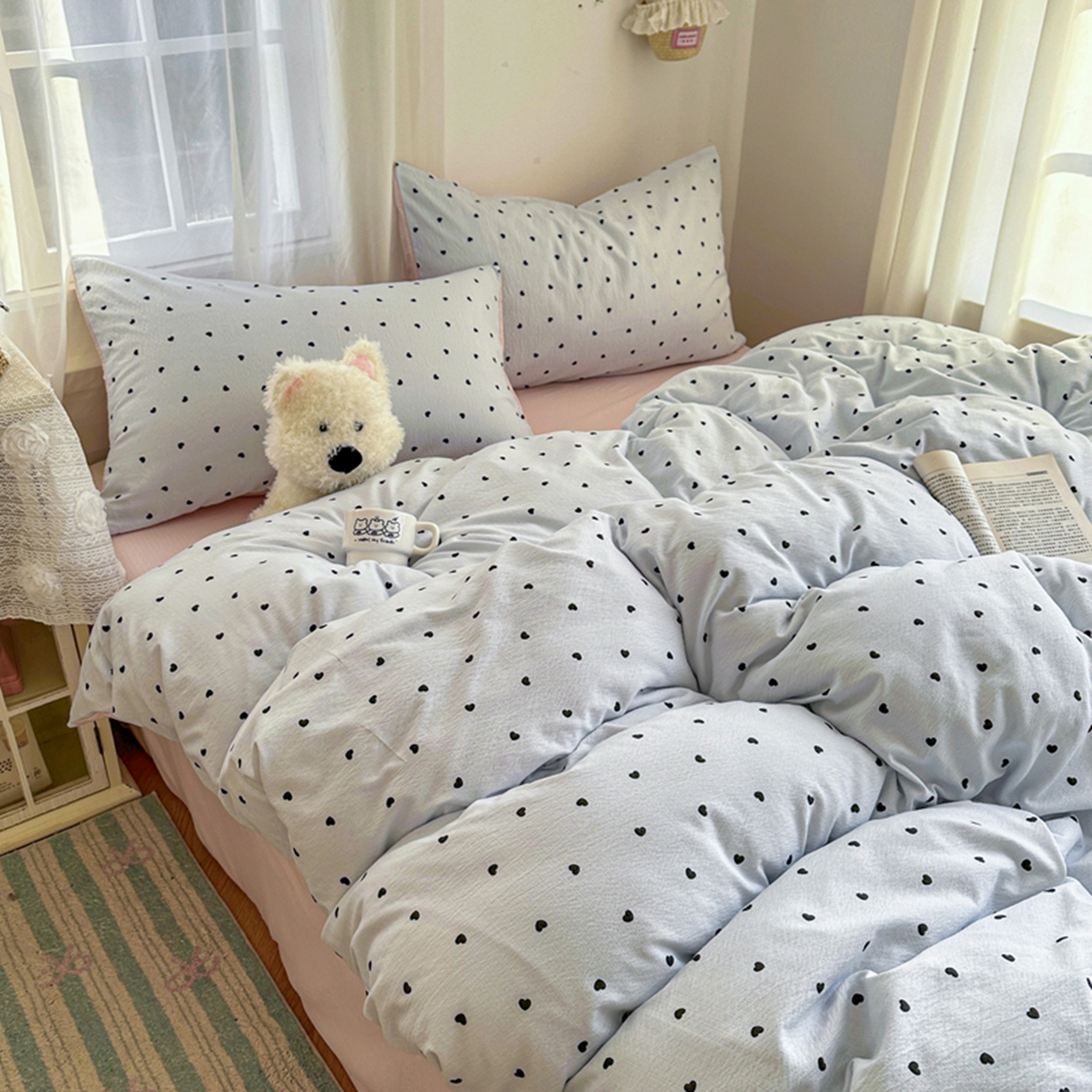 91家纺网 家纺一手货源 找家纺 宏源家纺 2026新款云感提花双层纱四件套 蓝心