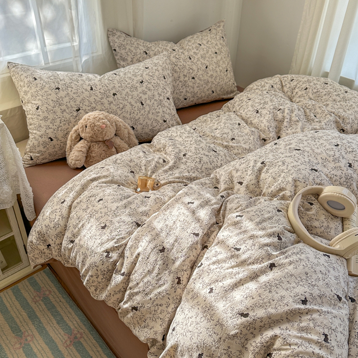 91家纺网 家纺一手货源 找家纺 宏源家纺 2026新款云感提花双层纱四件套 森林小兔