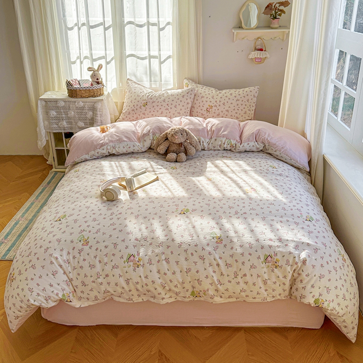 91家纺网 家纺一手货源 找家纺 宏源家纺 2026新款云感提花双层纱四件套 小星仔