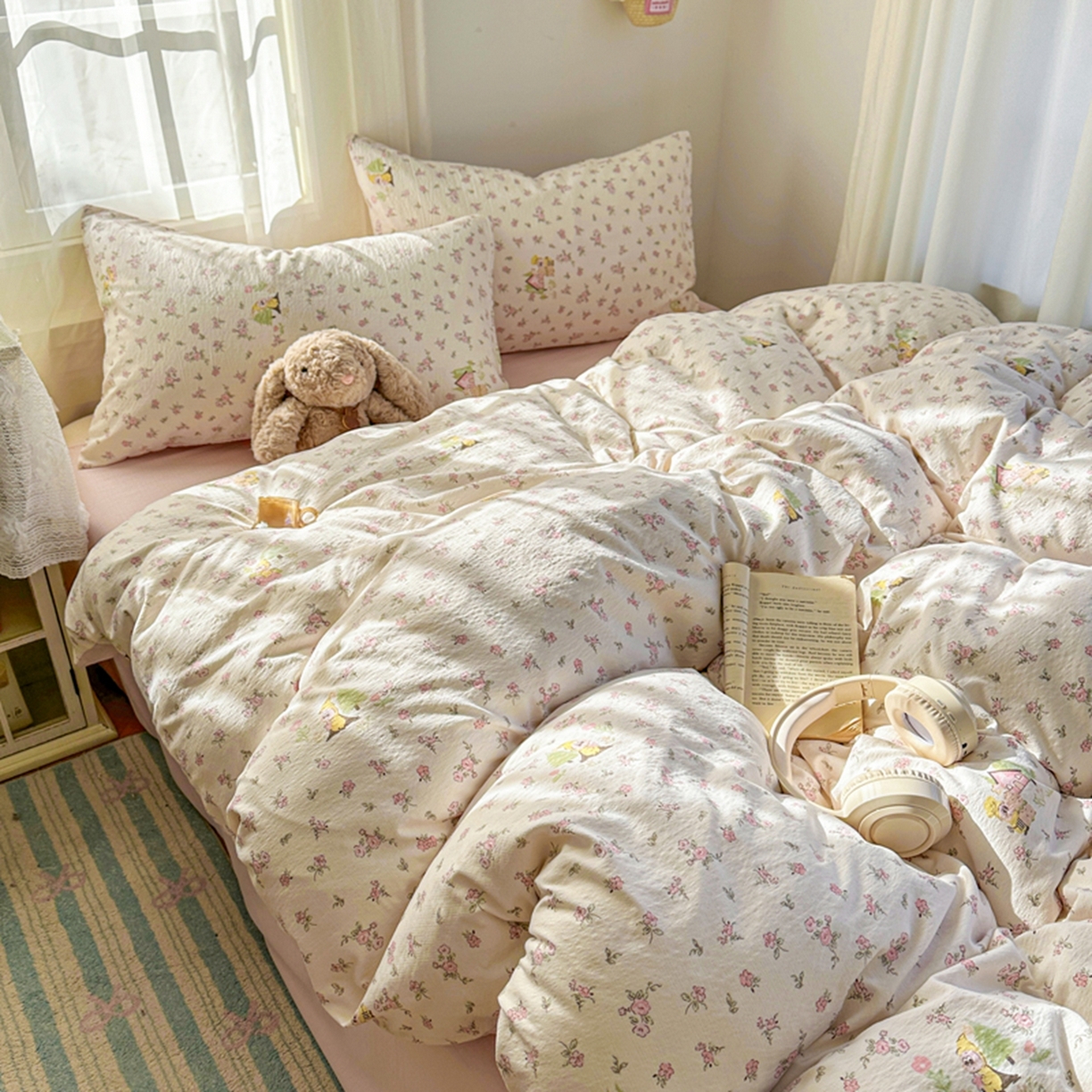 91家纺网 家纺一手货源 找家纺 宏源家纺 2026新款云感提花双层纱四件套 小星仔