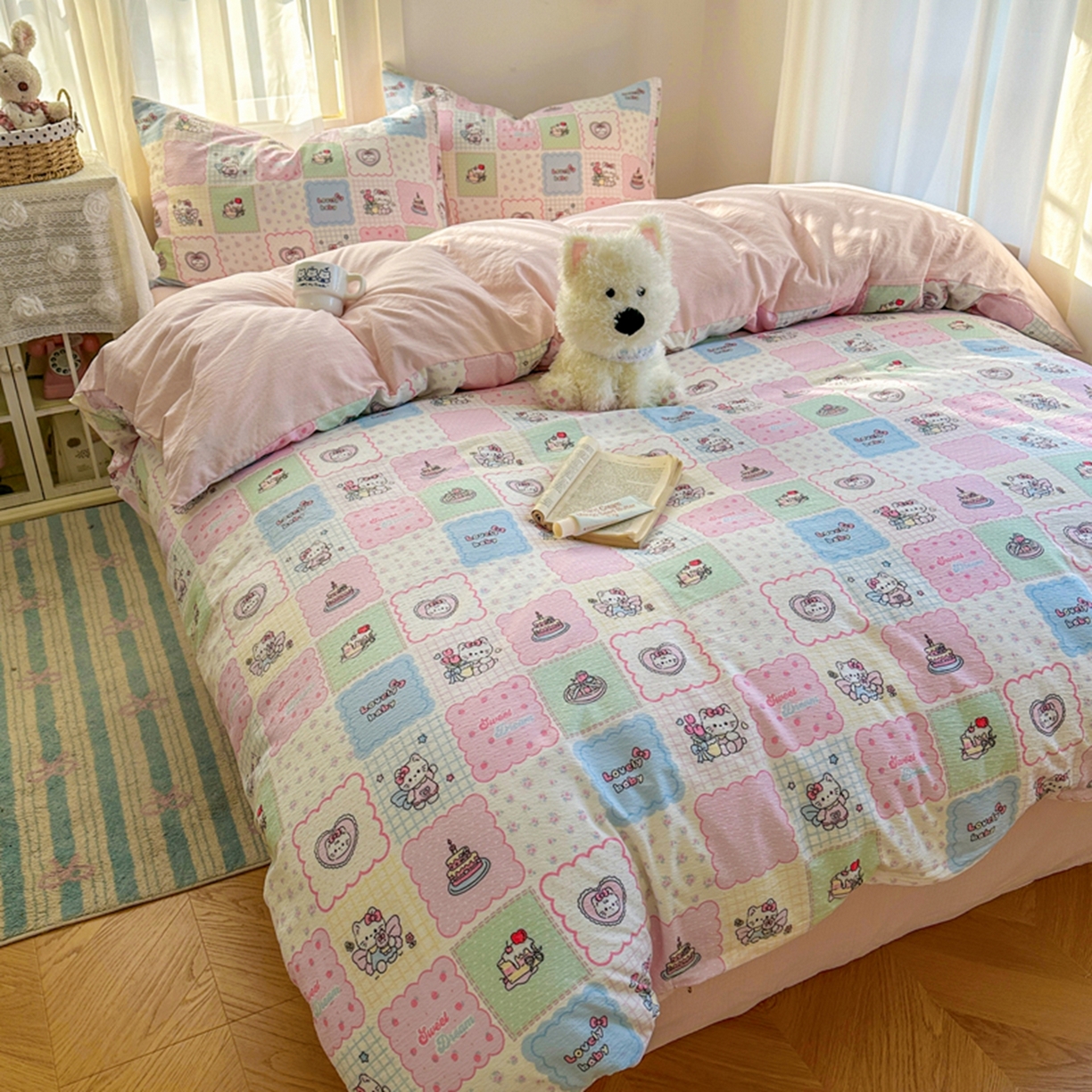 91家纺网 家纺一手货源 找家纺 宏源家纺 2026新款云感提花双层纱四件套 甜心方格