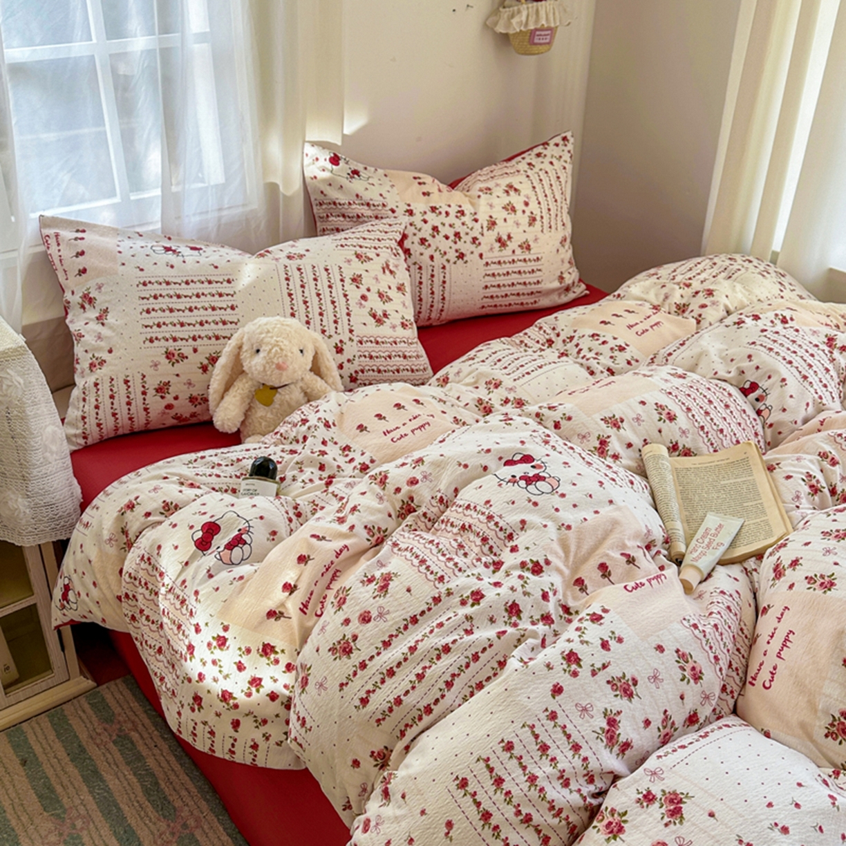 91家纺网 家纺一手货源 找家纺 宏源家纺 2026新款云感提花双层纱四件套 幸福猫咪