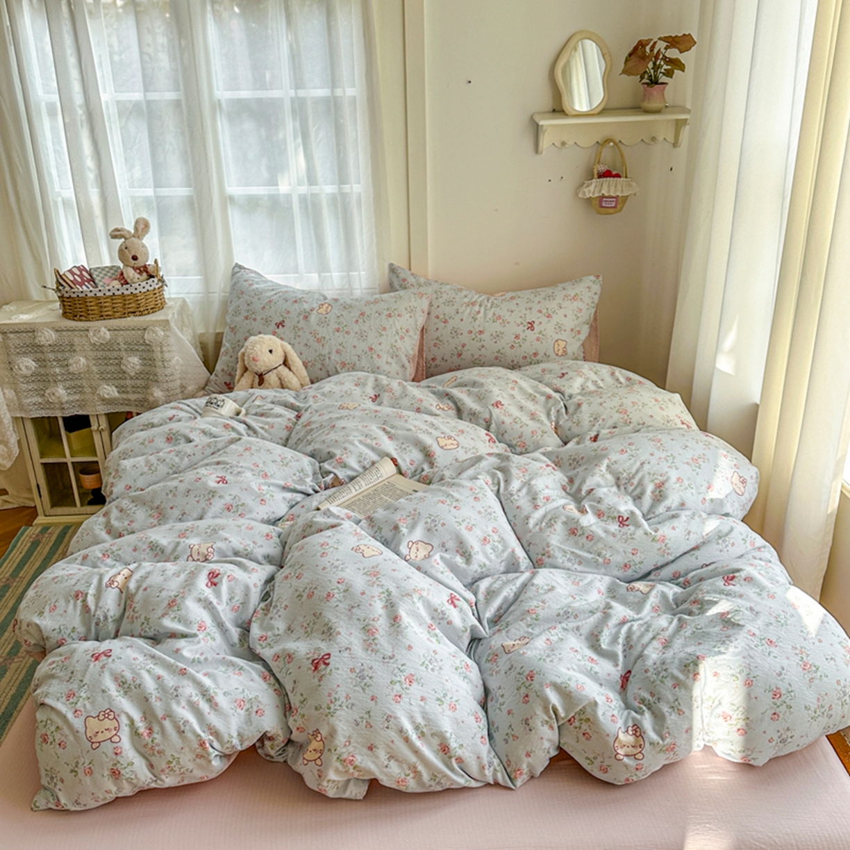 91家纺网 家纺一手货源 找家纺 宏源家纺 2026新款云感提花双层纱四件套 小花猫