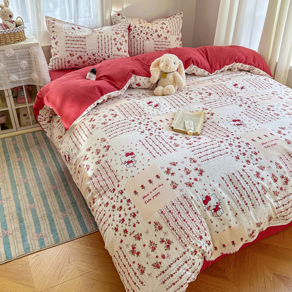 91家纺网 家纺一手货源 找家纺 宏源家纺 2026新款云感提花双层纱四件套 幸福猫咪